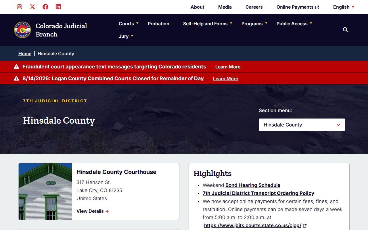 Hinsdale County court docket page for the trial court