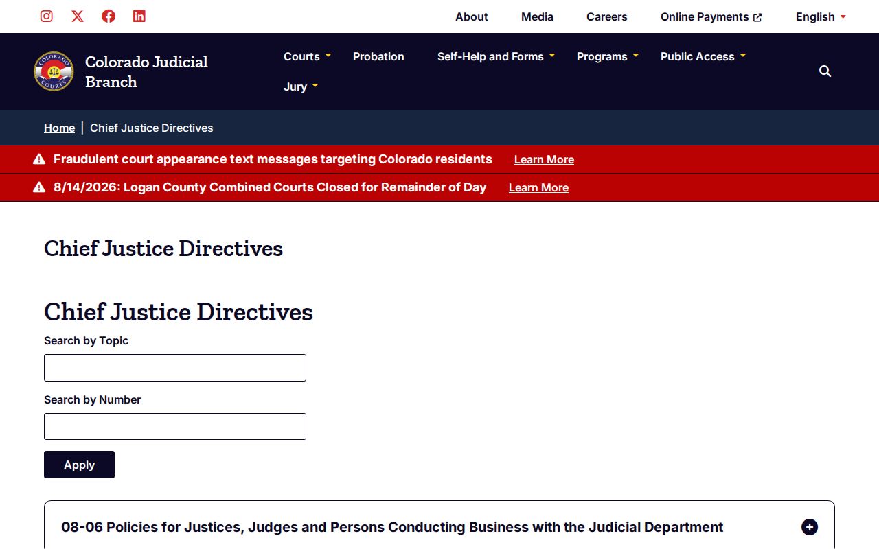 Hinsdale County docket search Chief Justice directive index