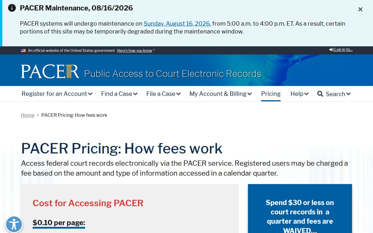 Hinsdale County federal court docket PACER pricing