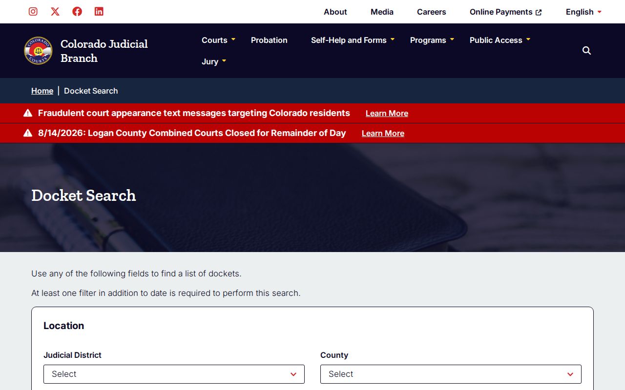 Hinsdale County court schedule search controls