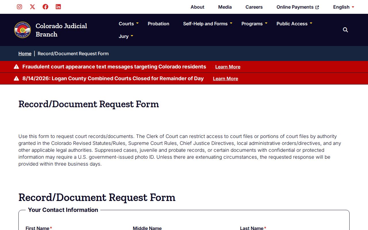 Hinsdale County court records online request form